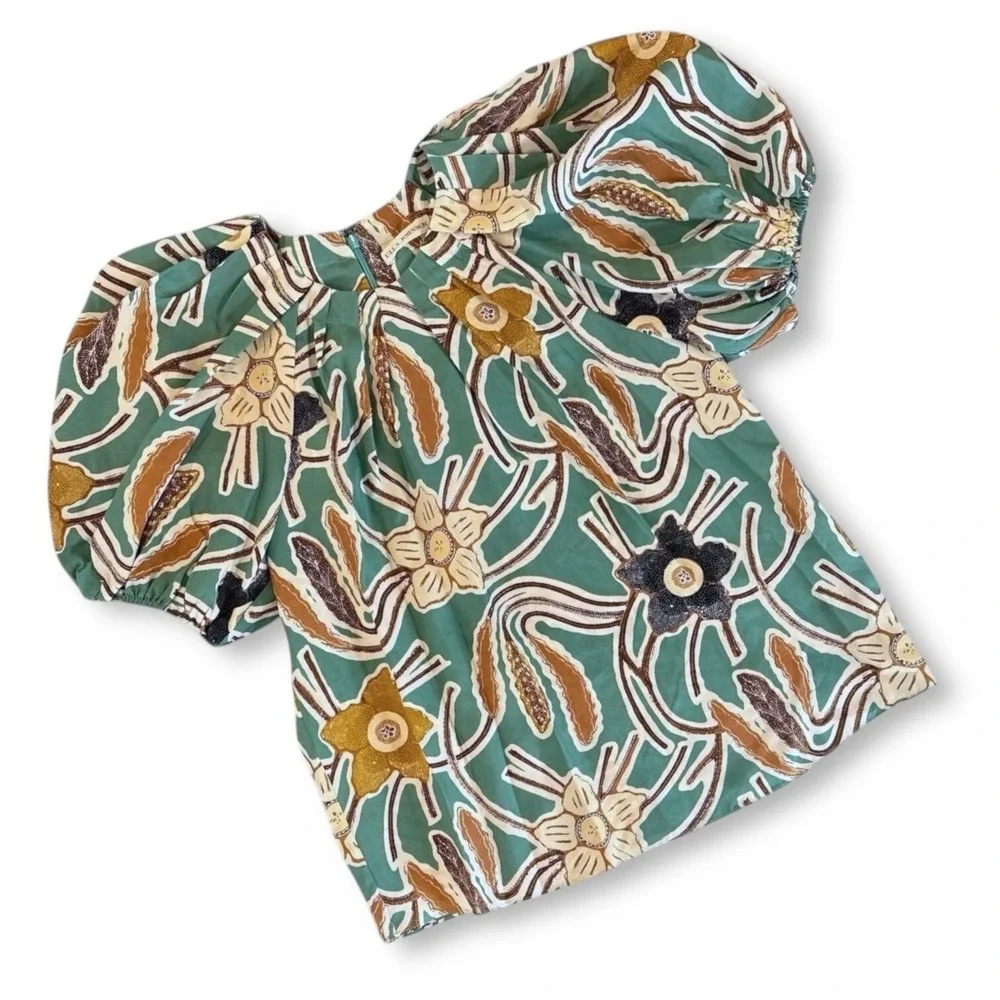 Ulla Johnson Jamilah Puff Short Sleeve‎ Silk Blouse Topaz-Navy-Tan Sz 2  EUC